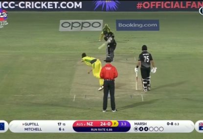 Mitch Marsh gets tonked for 25 off an over bythe dangerous Martin Guptil