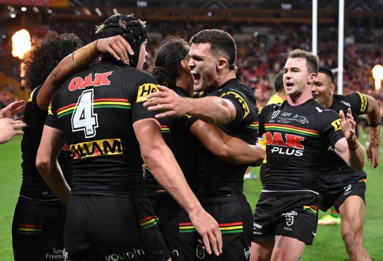 Panthers players celebrate the opening try of the 2021 grand final