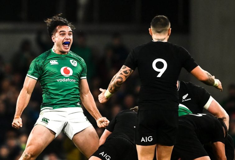 James Lowe of Ireland celebrates a turnover during the Autumn Nations Series match between Ireland and New Zealand at Aviva Stadium in Dublin. (Photo By David Fitzgerald/Sportsfile via Getty Images
