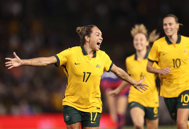 Kyah Simon of the Matildas celebrates scoring her team's only goal during game two of the International Friendly series between the Australia Matildas and the United States of America Women's National Team at McDonald Jones Stadium on November 30, 2021 in Newcastle, Australia. (Photo by Cameron Spencer/Getty Images)