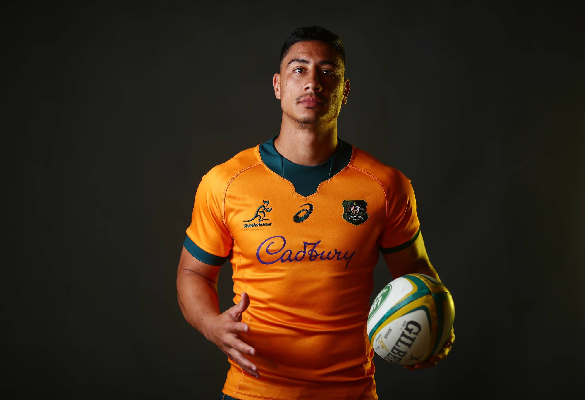 : Lalakai Foketi poses during the Australian Wallabies player portrait session at Event Cinemas Coomera on June 23, 2021 in Gold Coast, Australia. (Photo by Chris Hyde/Getty Images for Rugby Australia)