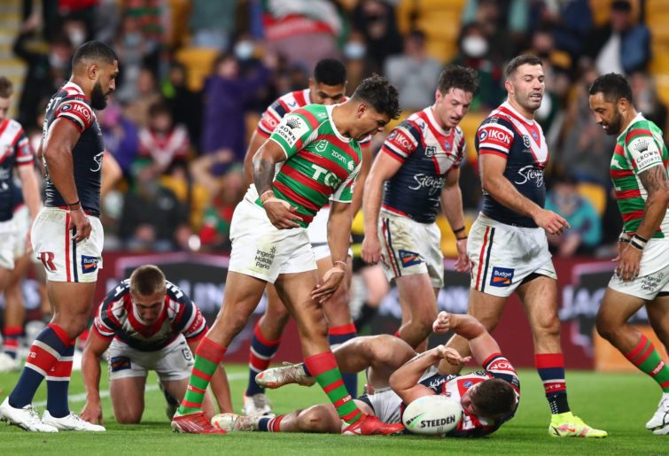 Latrell Mitchell of the Rabbitohs reacts after scoring a try during the round 24 NRL match between the Sydney Roosters and the South Sydney Rabbitohs at Suncorp Stadium on August 27, 2021, in Brisbane, Australia. (Photo by Chris Hyde/Getty Images)