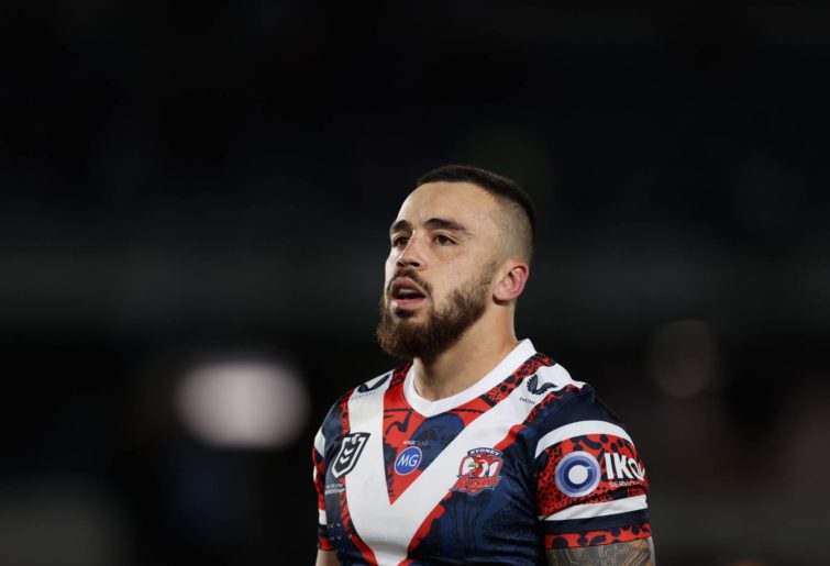 Matt Ikuvalu of the Roosters looks on during the round 12 NRL match between the Sydney Roosters and the Canberra Raiders at Central Coast Stadium, on May 29, 2021, in Gosford, Australia. (Photo by Ashley Feder/Getty Images)