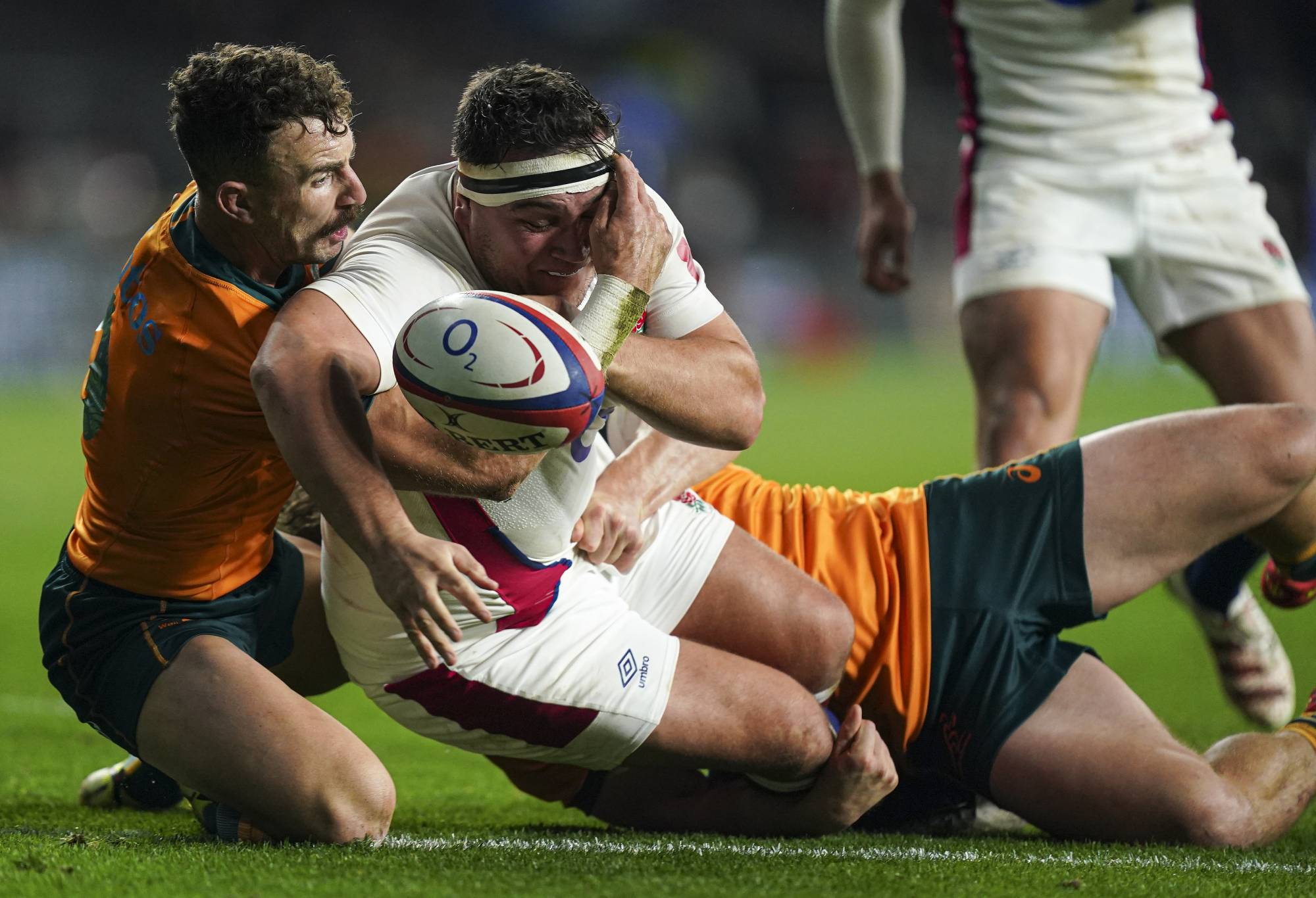 Australia's Nic White (left) tackles England's Jamie George (right) as he almost scores a try during the Autumn International match at Twickenham Stadium, London. Picture date: Saturday November 13, 2021. (Photo by Mike Egerton/PA Images via Getty Images)