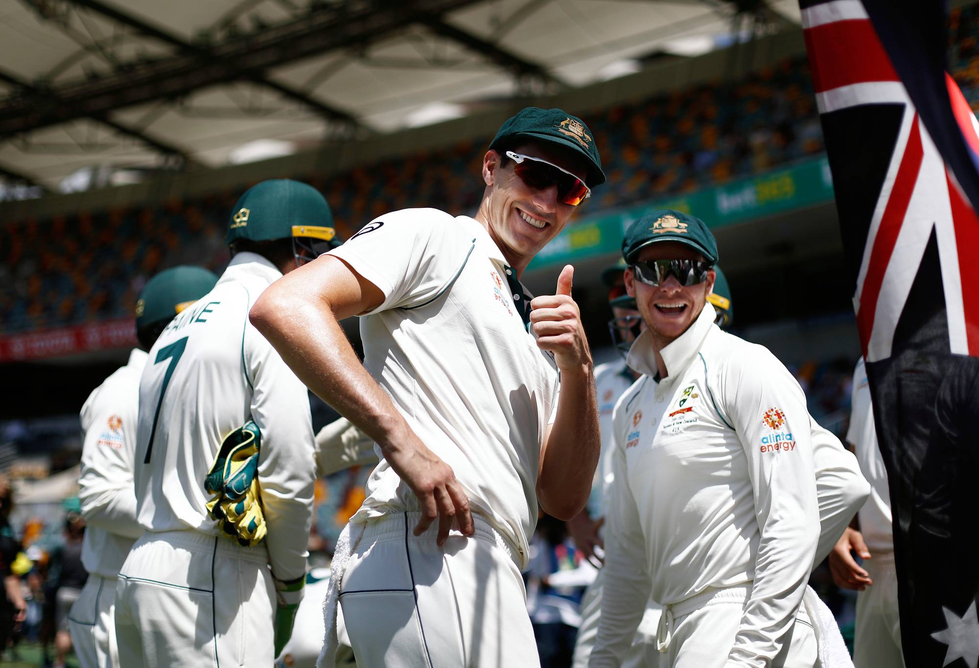 Pat Cummins and Steve Smith of Australia walk out to field during day four of the 1st Domain Test between Australia and Pakistan at The Gabba on November 24, 2019 in Brisbane, Australia. (Photo by Ryan Pierse/Getty Images)