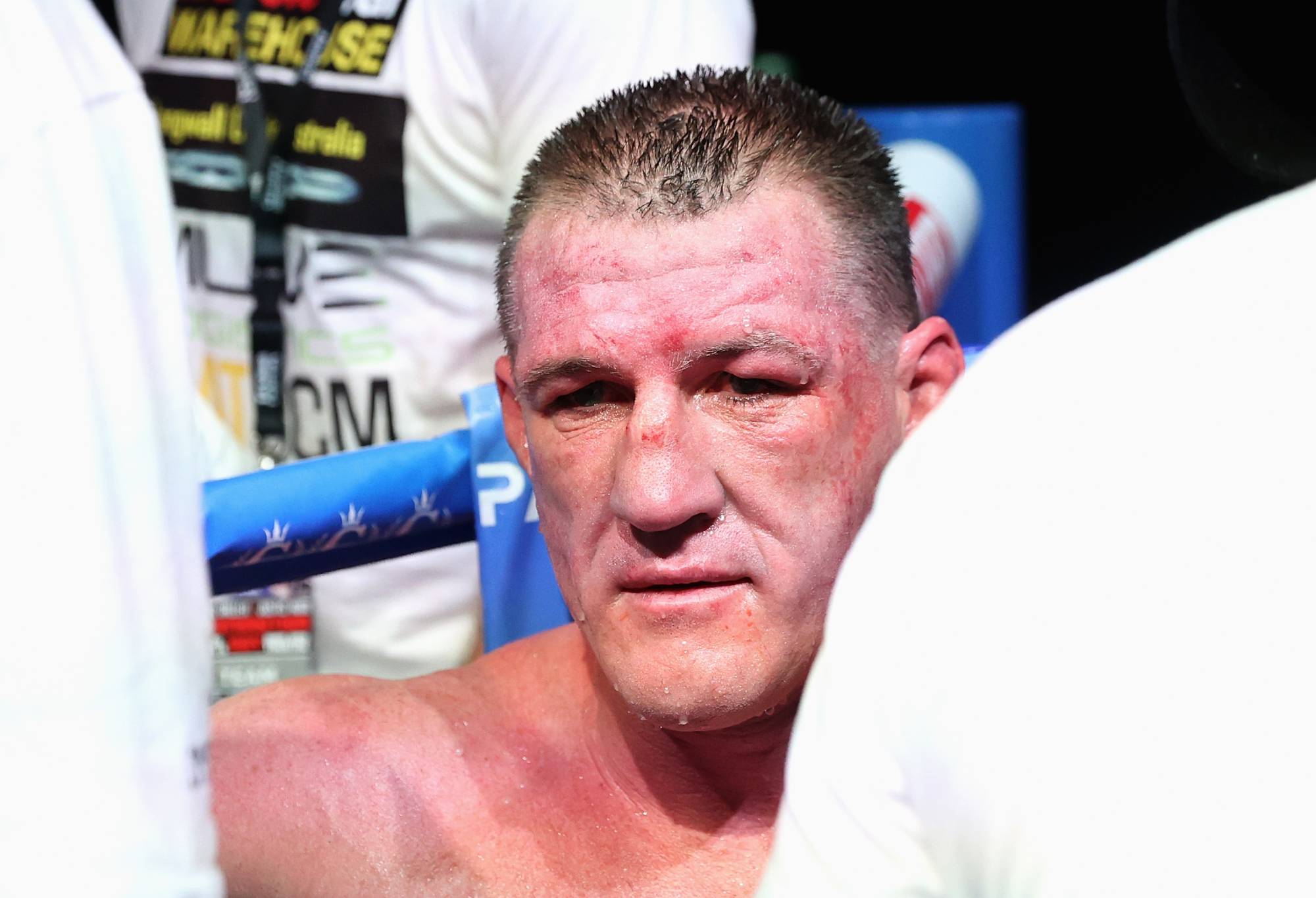 Paul Gallen sits in his corner after losing to Justis Huni in their Australian heavyweight title fight at ICC Sydney on June 16, 2021 in Sydney, Australia.  (Photo by Cameron Spencer/Getty Images)
