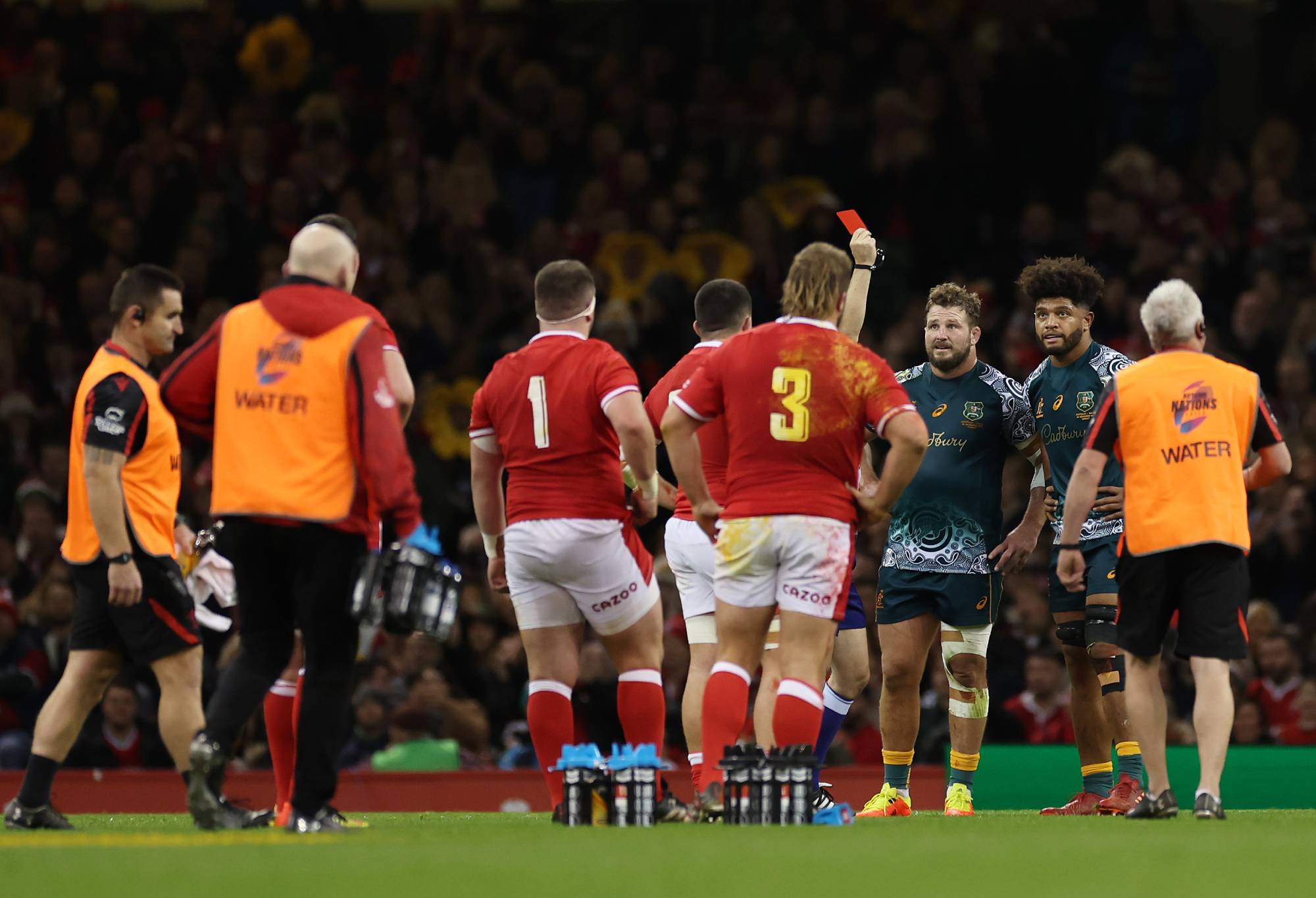 Rob Valetini of Australia is shown a red card during the Autumn Nations Series match between Wales and Australia at Principality Stadium on November 20, 2021 in Cardiff, Wales. (Photo by Richard Heathcote/Getty Images)