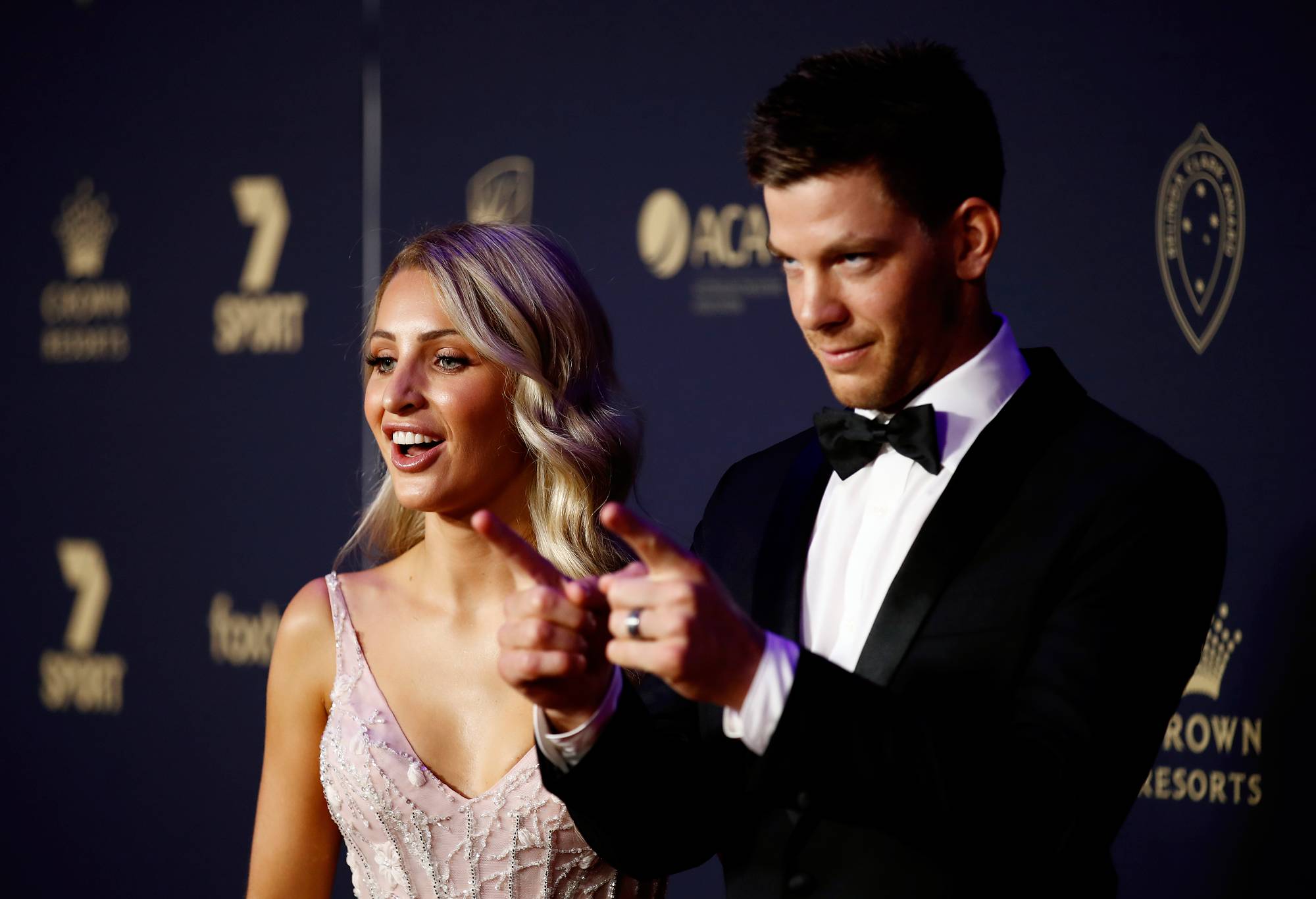 Tim Paine (R) and wife Bonnie Paine arrive ahead of the 2020 Cricket Australia Awards at Crown Palladium on February 10, 2020 in Melbourne, Australia. (Photo by Daniel Pockett/Getty Images)