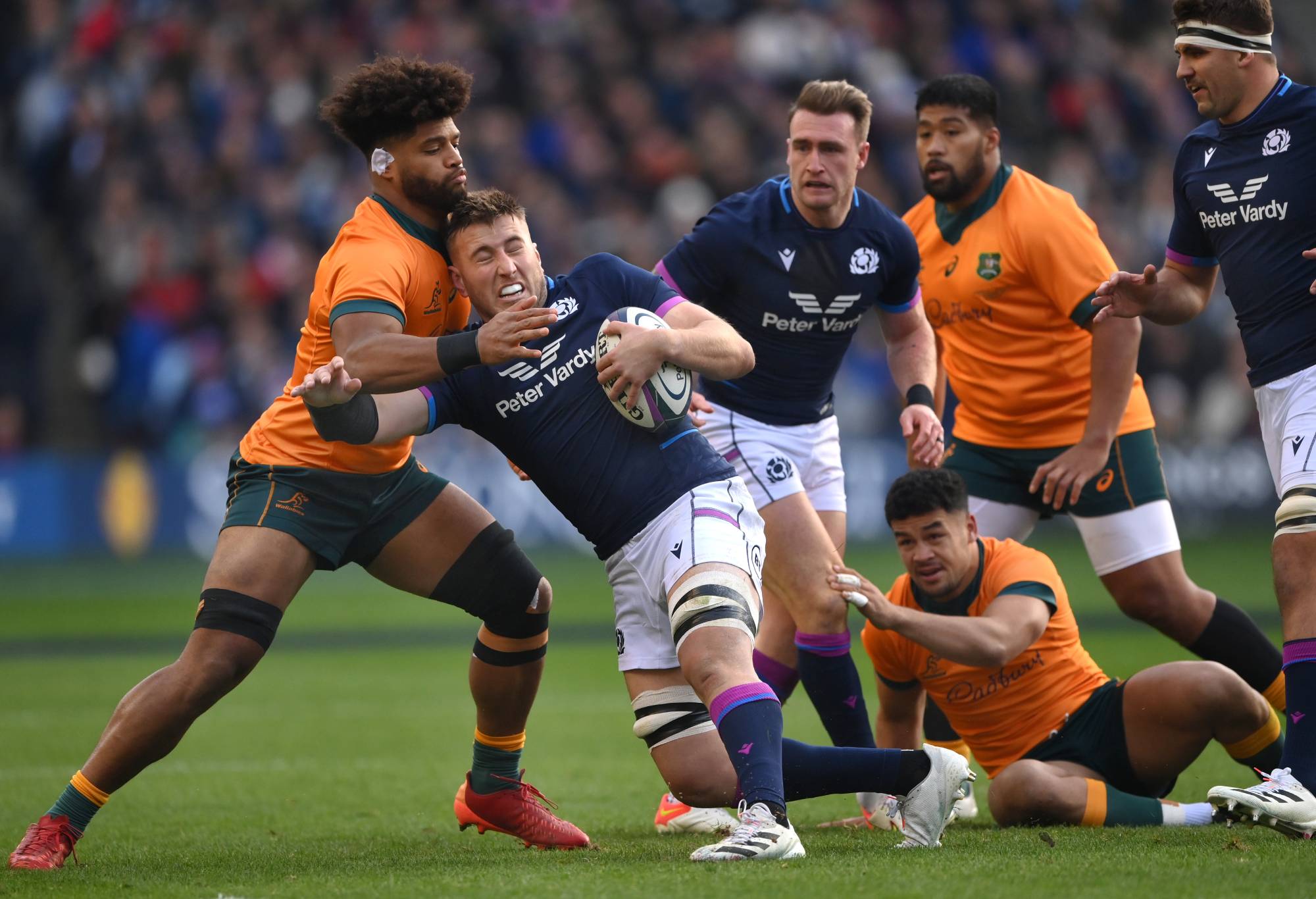 Matt Fagerson of Scotland is tackled by Rob Valetini of Australia during the Autumn Nations Series match between Scotland and Australia at Murrayfield Stadium on November 07, 2021 in Edinburgh, Scotland. (Photo by Stu Forster/Getty Images)