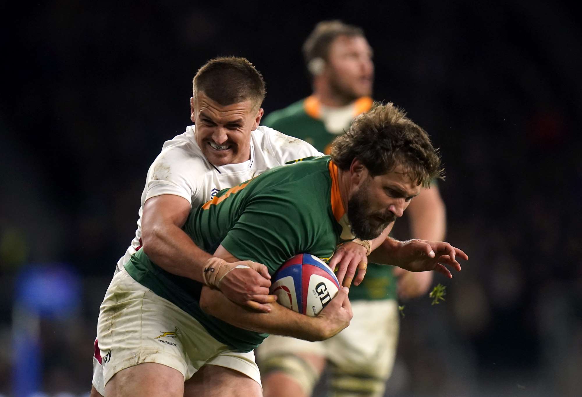 South Africa's Frans Steyn is tackled by England's Henry Slade