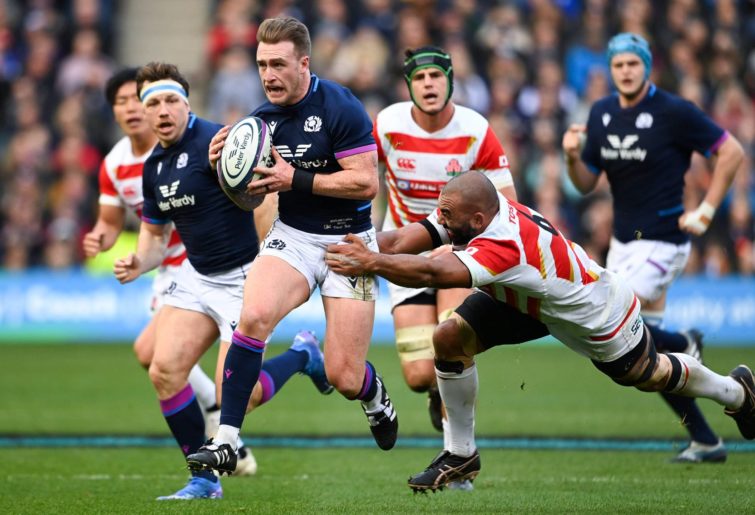 Scotland's Stuart Hogg (L) and Japan's Michael Leitch during the Autumn Nations Series match between Scotland and Japan at BT Murrayfield, on November 20, 2021, in Edinburgh, Scotland. (Photo by Paul Devlin/SNS Group via Getty Images)