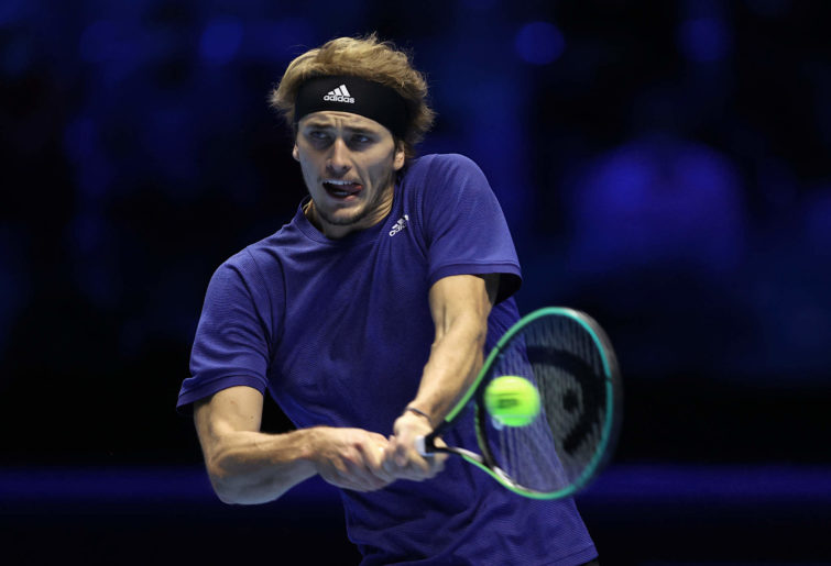 Alex Zverev hits a backhand at the 2021 ATP Finals