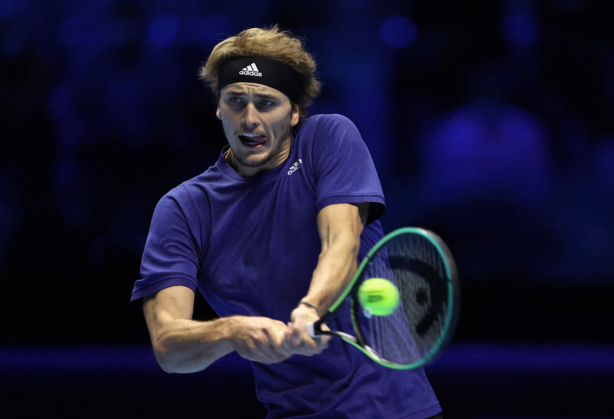 Alex Zverev hits a backhand at the 2021 ATP Finals