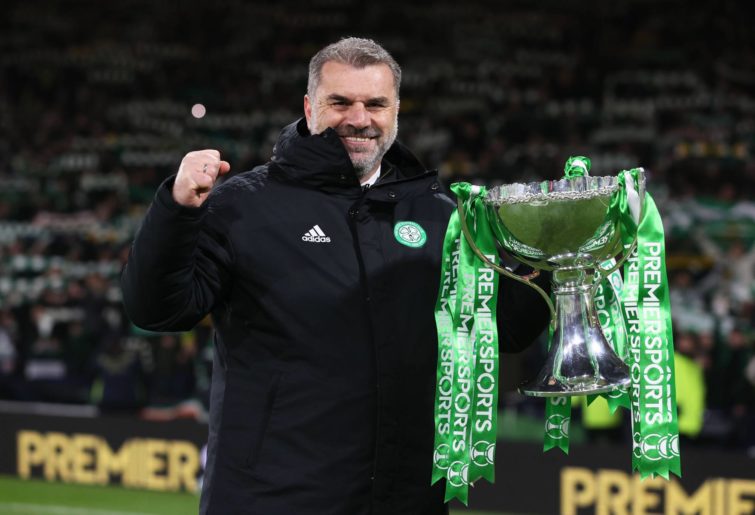 Celtic Manager Ange Postecoglou celebrates with the Premier Sports Cup Trophy during the Premier Sports Cup Final between Celtic and Hibernian at Hampden Park, on December 19, 2021, in Glasgow, Scotland. (Photo by Craig Williamson/SNS Group via Getty Images)