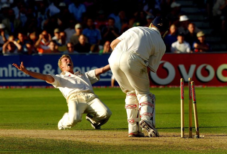 Brett Lee celebrates an Ashes scalp. (Photo by Getty Images).