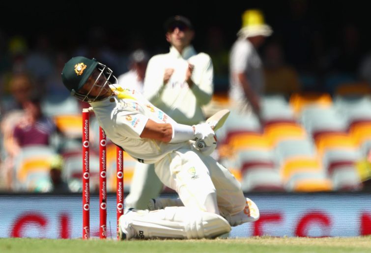 David Warner of Australia avoids a delivery during day two of the First Test Match in the Ashes series between Australia and England at The Gabba on December 09, 2021 in Brisbane, Australia. (Photo by Chris Hyde/Getty Images)