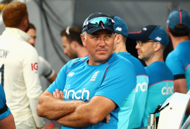 England head coach Chris Silverwood looks on during a rain delay during day one of the First Test Match in the Ashes series between Australia and England at The Gabba on December 08, 2021 in Brisbane, Australia. (Photo by Chris Hyde/Getty Images)