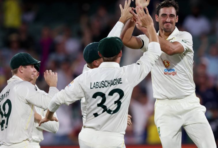 Celebrations after Rory Burns of England bowled Mitchell Starc of Australia during the Second Test Match in the Ashes series between Australia and England at The Adelaide Oval on December 17, 2021 in Adelaide, Australia. (Photo by Peter Mundy/Speed Media/Icon Sportswire via Getty Images)