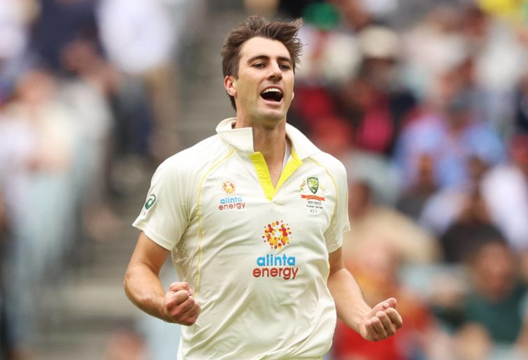Pat Cummins of Australia celebrates after dismissing Zak Crawley of England during day one of the Third Test match in the Ashes series between Australia and England at Melbourne Cricket Ground on December 26, 2021 in Melbourne, Australia. (Photo by Robert Cianflone/Getty Images)
