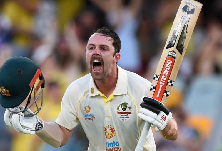 Travis Head of Australia celebrates his Test century during day two of the Ashes Series Premier Test match between Australia and England at The Gabba on December 09, 2021 in Brisbane, Australia.  (Photo by Matt Roberts - CA/Cricket Australia via Getty Images)