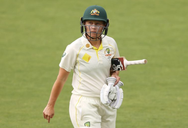 Alyssa Healy of Australia looks dejected after being dismissed by Katherine Brunt of England during day three of the Women's Test match in the Ashes series between Australia and England at Manuka Oval on January 29, 2022 in Canberra, Australia. (Photo by Mark Kolbe/Getty Images)