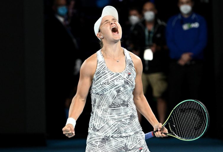 Ashleigh Barty of Australia celebrates match point in her Women’s Singles Final match against Danielle Collins of United States during day 13 of the 2022 Australian Open at Melbourne Park on January 29, 2022 in Melbourne, Australia. (Photo by Quinn Rooney/Getty Images)