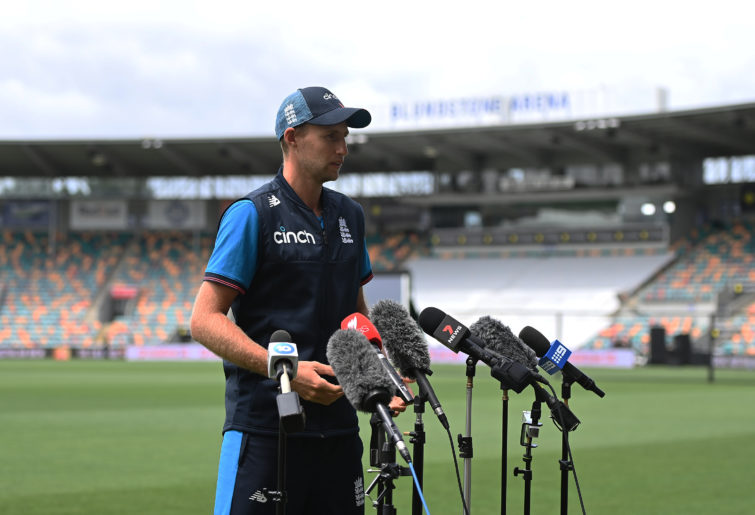 HOBART, AUSTRALIA - JANUARY 12: Joe Root Captain of England chats to the media during an England Ashes squad nets session at Blundstone Arena on January 12, 2022 in Hobart, Australia. (Photo by Steve Bell/Getty Images)
