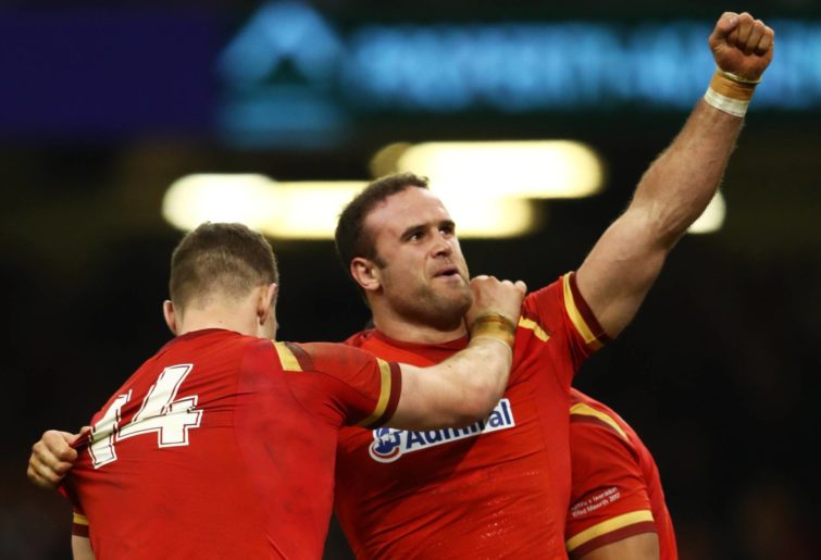 Jamie Roberts playing for Wales in 2017of Wales celebrates as he scores their third try with George North during the Six Nations match between Wales and Ireland at the Principality Stadium on March 10, 2017 in Cardiff, Wales. (Photo by Michael Steele/Getty Images)