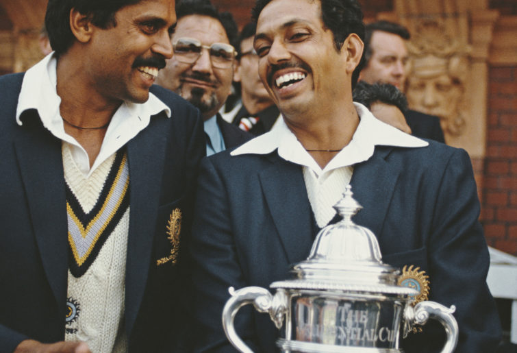 Kapil Dev and Mohinder Armanath celebrate with the World Cup in 1983.