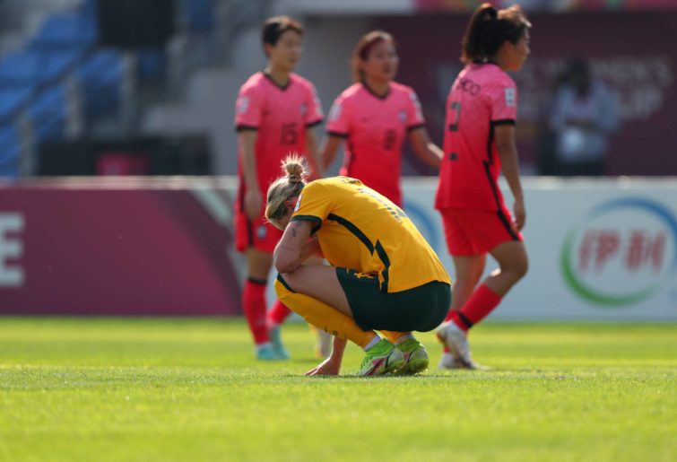 Alanna Kennedy of Australia shows dejection after her side's 0-1 defeat in the AFC Women's Asian Cup quarter final between Australia and South Korea at Shiv Chhatrapati Sports Complex on January 30, 2022 in Pune, India. (Photo by Thananuwat Srirasant/Getty Images)