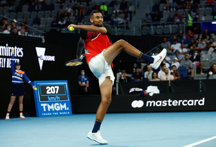 Nick Kyrgios of Australia reacts in his first round singles match against Liam Broady of Great Britain during day two of the 2022 Australian Open at Melbourne Park on January 18, 2022 in Melbourne, Australia. (Photo by Darrian Traynor/Getty Images)