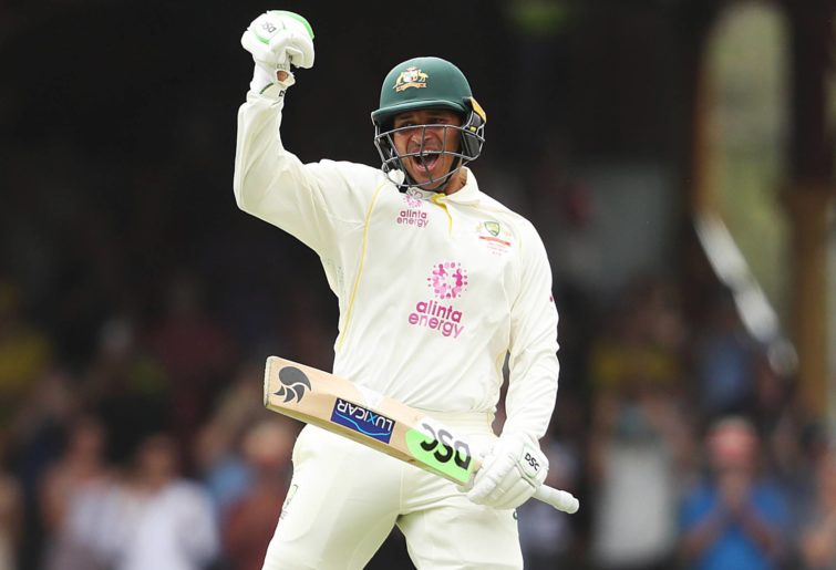 Usman Khawaja of Australia celebrates after hitting a century during day two of the Fourth Test Match in the Ashes series between Australia and England at Sydney Cricket Ground on January 06, 2022 in Sydney, Australia. (Photo by Mark Metcalfe - CA/Cricket Australia via Getty Images)