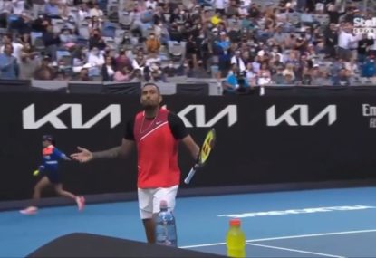 Nick Kyrgios whips the crowd into an early frenzy by digging deep into his bag of tricks