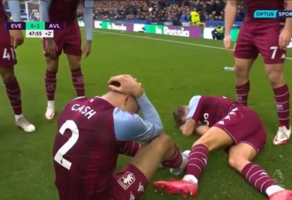 Aston Villa players forced to take cover as bottles thrown after scoring against Everton