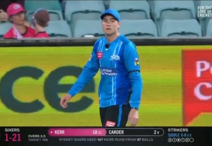 Matthew Renshaw looking for a place to hide after dropping a costly sitter on the boundary