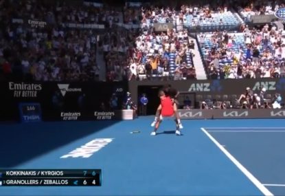 WATCH: Kyrgios and Kokkinakis' celebration after winning doubles semi didn't quite go to plan