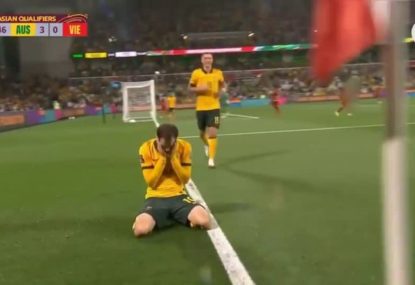 Craig Goodwin gets emotional after netting his first Socceroos goal in special moment