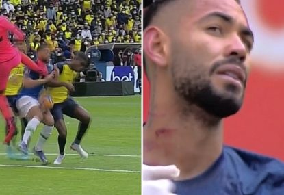 Ecuador goalkeeper red-carded after hideous fly-kick nearly decapitates Brazilian