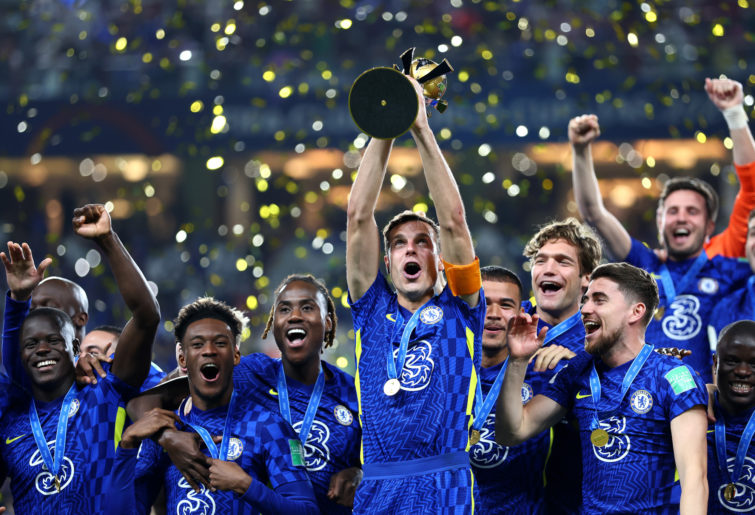 Cesar Azpilicueta of Chelsea lifts the FIFA Club World Cup trophy.