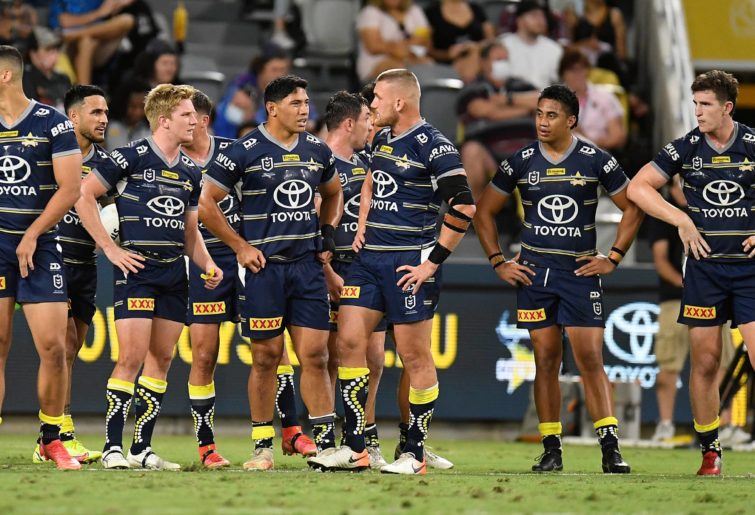 TOWNSVILLE, AUSTRALIA - SEPTEMBER 04: The Cowboys looks dejected after a Sea Eagles try during the round 25 NRL match between the North Queensland Cowboys and the Manly Sea Eagles at QCB Stadium, on September 04, 2021, in Townsville, Australia. (Photo by Ian Hitchcock/Getty Images)