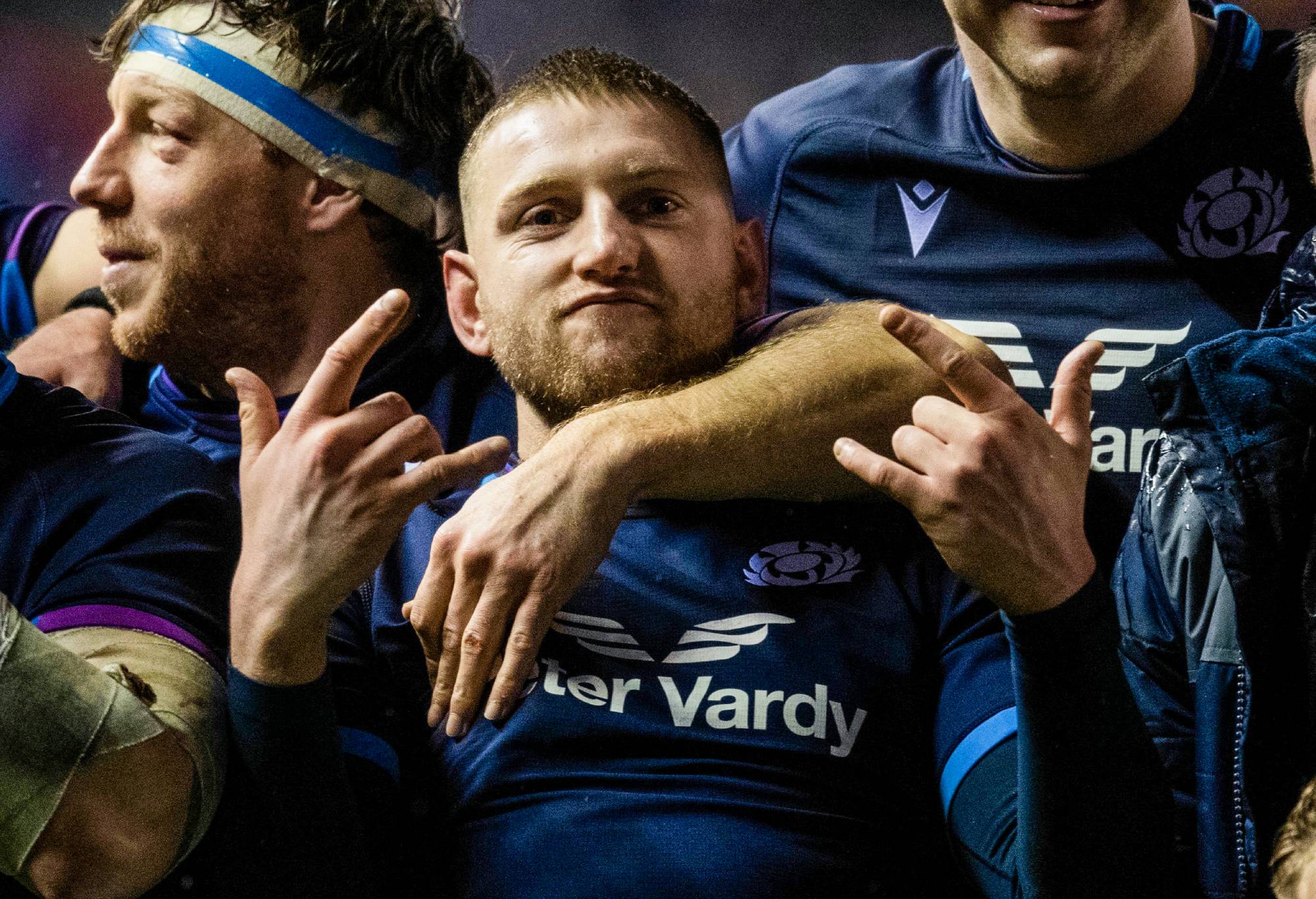Scotland's Finn Russell celebrates at Full Time during a Guinness Six Nations match between Scotland and England at BT Murrayfield, on February 05, 2022, in Edinburgh, Scotland. (Photo by Ross MacDonald/SNS Group via Getty Images)