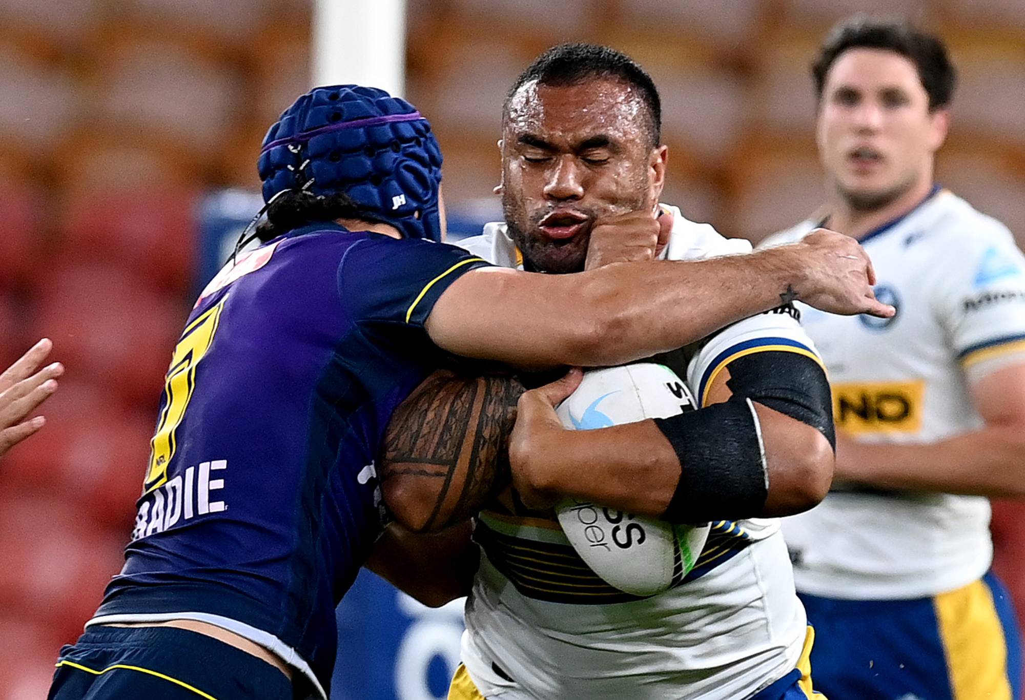 Junior Paulo of the Eels takes on the defence during the round 24 NRL match between the Melbourne Storm and the Parramatta Eels at Suncorp Stadium, on August 28, 2021, in Brisbane, Australia. (Photo by Bradley Kanaris/Getty Images)