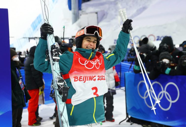 Jakara Anthony of Team Australia reacts after winning the gold medal during the Women's Freestyle Skiing Moguls Final on Day 2 of the Beijing 2022 Winter Olympic Games at Genting Snow Park on February 06, 2022 in Zhangjiakou, China. (Photo by Cameron Spencer/Getty Images)