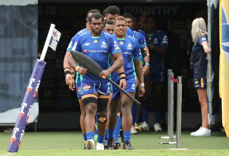 Fijian captain Nemani Nagusa leads his team out during the round two Super Rugby Pacific match between the Brumbies and the Fiji Drua at GIO Stadium on February 26, 2022 in Canberra, Australia. (Photo by Jeremy Ng/Getty Images)