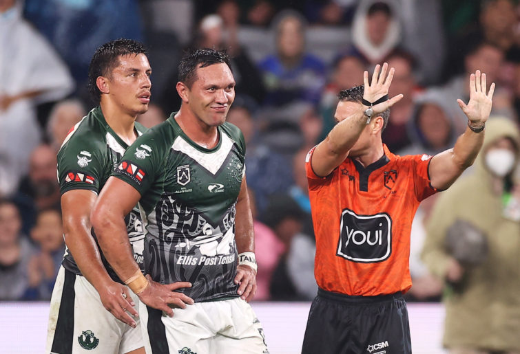 Jordan Rapana of the Maori All Stars is sent off for 10 minutes during the NRL All Stars match.