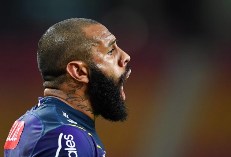 BRISBANE, AUSTRALIA - AUGUST 01: In this handout image provided by NRL Photos Josh Addo-Carr of the Storm shouts during the round 20 NRL match between the Melbourne Storm and the Penrith Panthers at Suncorp Stadium, on August 01, 2021, in Brisbane, Australia. (Photo by Handout/NRL Photos via Getty Images )