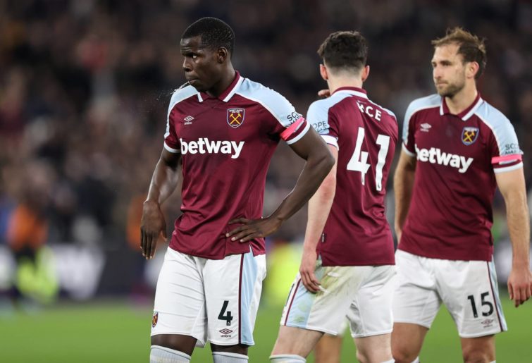 Kurt Zouma of West Ham spits during the Premier League match between West Ham United and Watford at London Stadium on February 8, 2022 in London, United Kingdom. (Photo by Charlotte Wilson/Offside/Offside via Getty Images)
