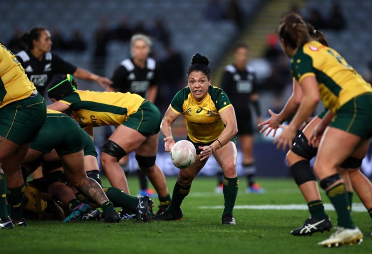 Georgia Cormick of the Wallaroos passes during the Women's International Test Match between the New Zealand Black Ferns and the Australian Wallaroos at Eden Park on August 17, 2019 in Auckland, New Zealand. (Photo by Cameron Spencer/Getty Images)