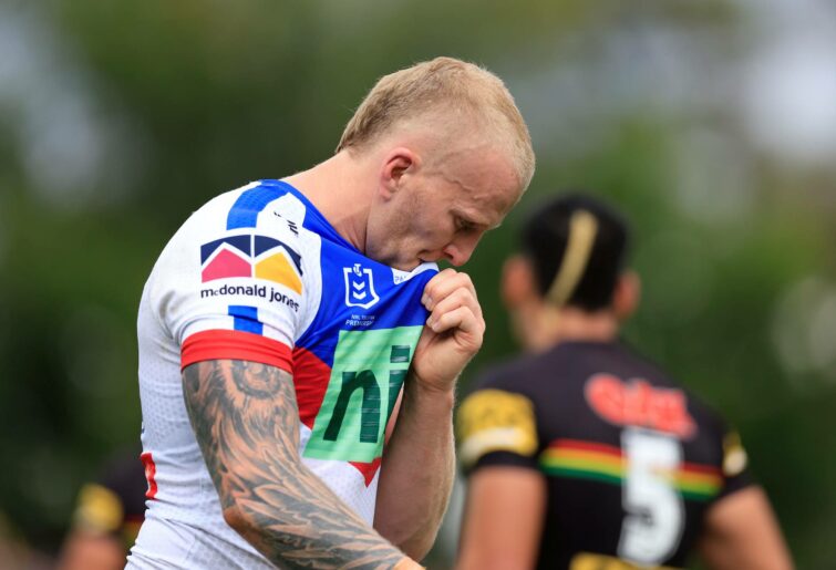 BATHURST, AUSTRALIA - MARCH 26: Mitchell Barnett of the Knights is sent off during the round three NRL match between the Penrith Panthers and the Newcastle Knights at Carrington Park, on March 26, 2022, in Bathurst, Australia. (Photo by Mark Evans/Getty Images)
