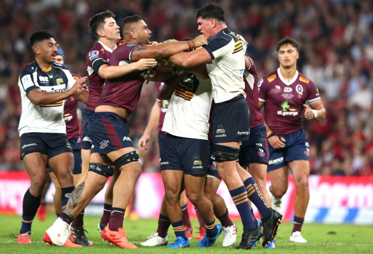 Lukhan Salakaia-Loto of the Reds clashes with Darcy Swain of the Brumbies during the Super RugbyAU Final match between the Queensland Reds and the ACT Brumbies at Suncorp Stadium, on May 08, 2021, in Brisbane, Australia. (Photo by Jono Searle/Getty Images)